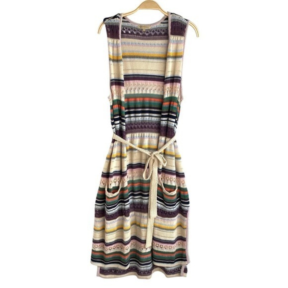 Democracy Boho Hippie Open Knit Long Belted Cardigan Women M Multicolor Stripes‎